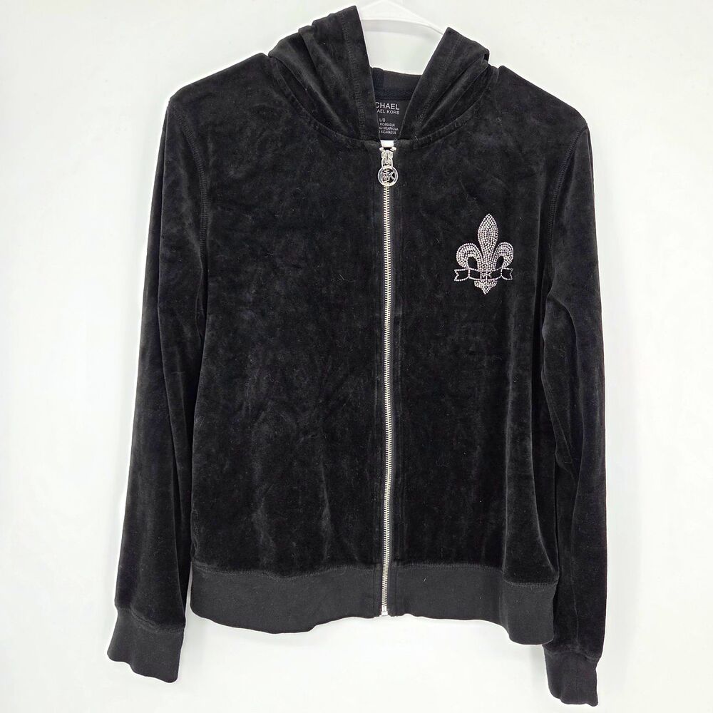 Michael Kors Womens Black Velour Full Zip Hoodie Large Rhinestone Logo McBLING